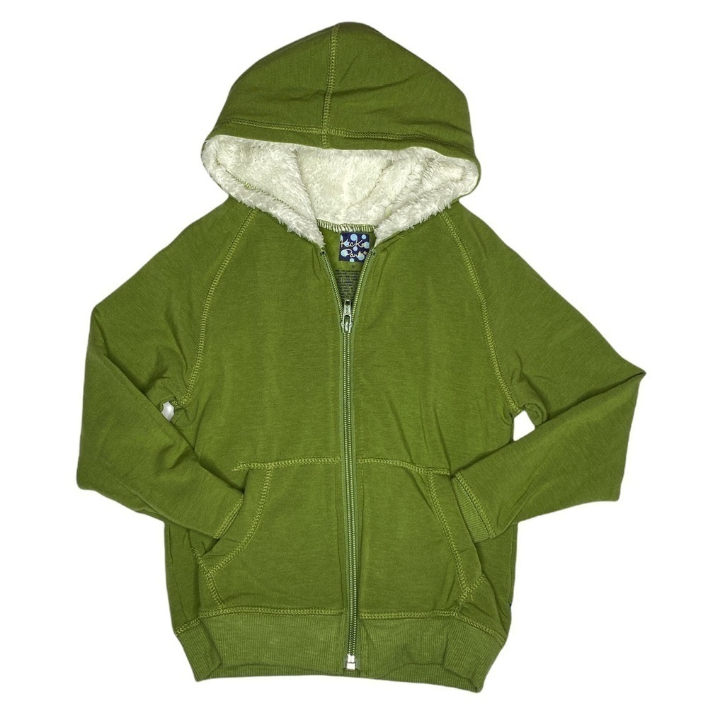 Kickee Pants green lightweight knit zipper jacket with plush sherpa lined hood